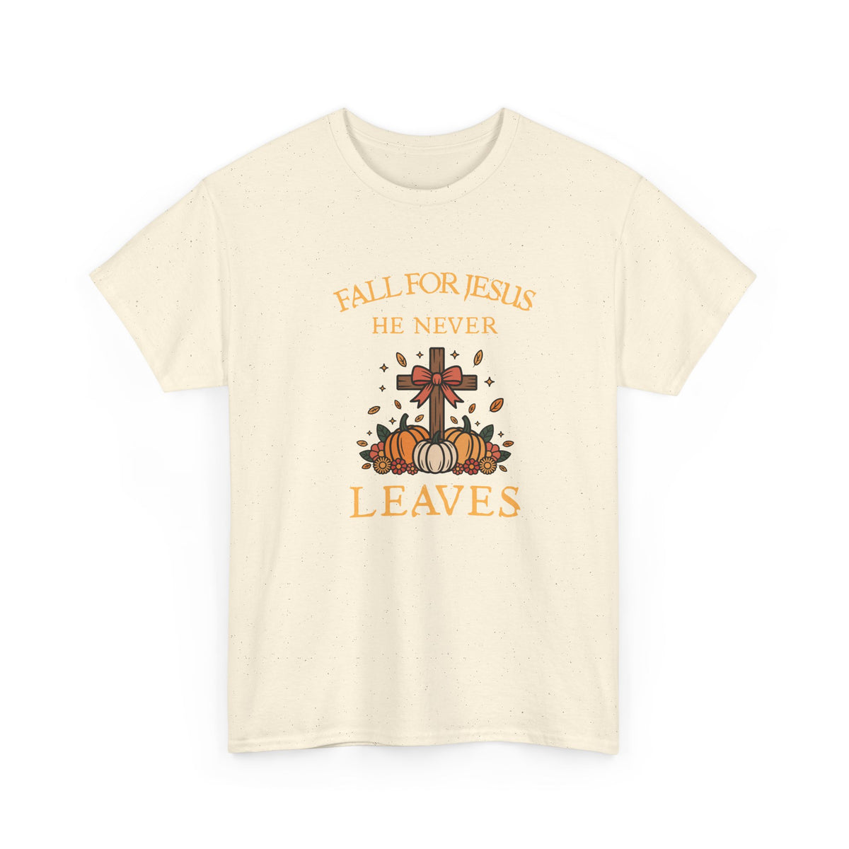 Christian Fall T-Shirt — “Fall For Jesus He Never Leaves” Pumpkin Cross Autumn Tee