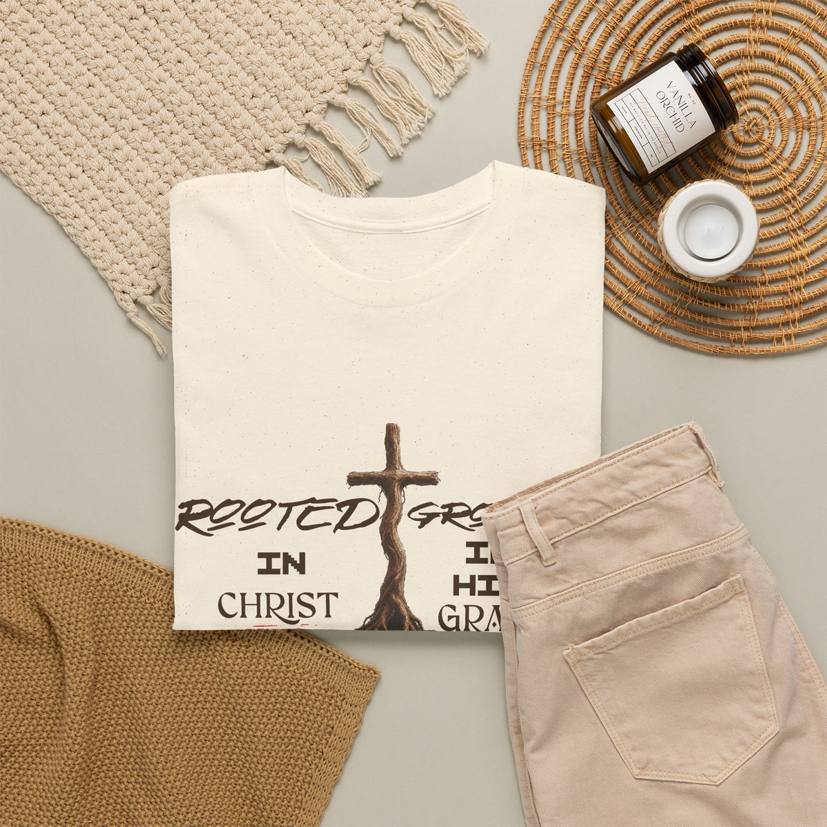 Christian Cross T-Shirt — 'Rooted & Growing in Christ, In His Grace' Faith Tee