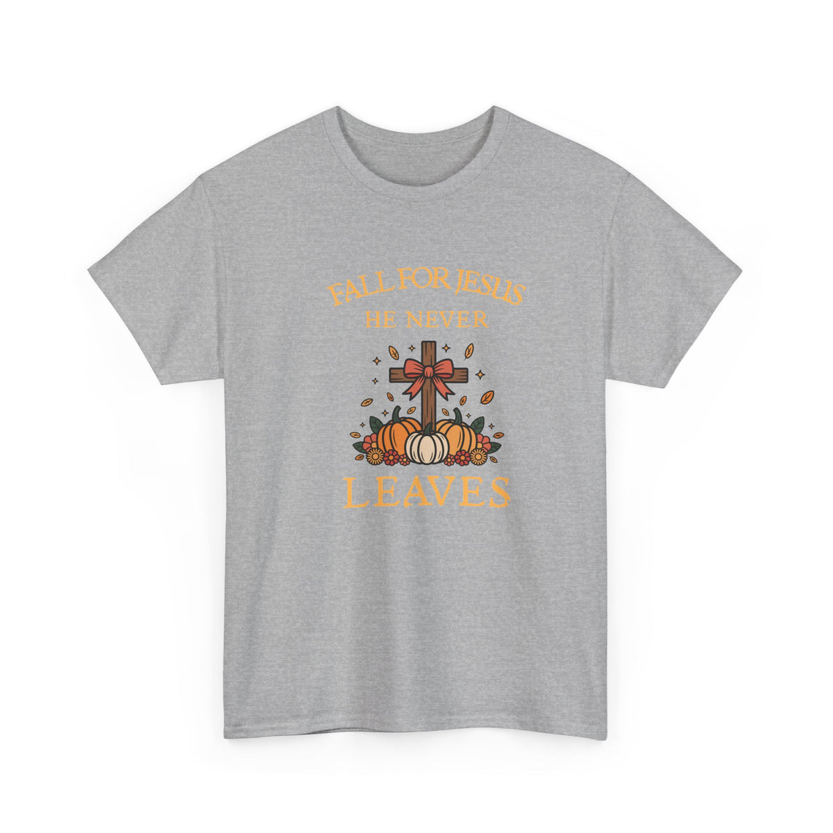 Christian Fall T-Shirt — “Fall For Jesus He Never Leaves” Pumpkin Cross Autumn Tee
