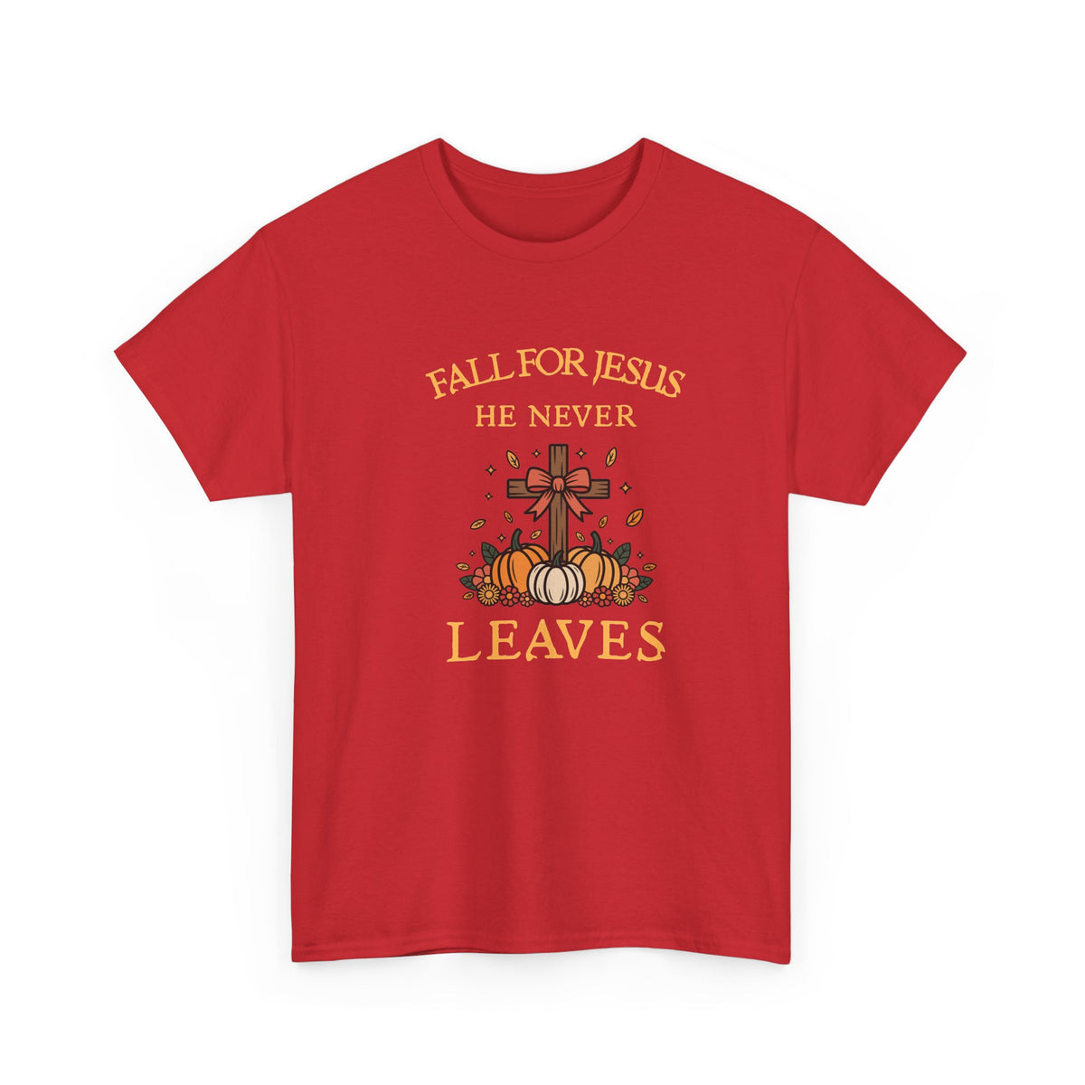 Christian Fall T-Shirt — “Fall For Jesus He Never Leaves” Pumpkin Cross Autumn Tee