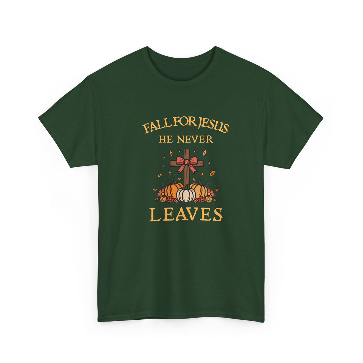 Christian Fall T-Shirt — “Fall For Jesus He Never Leaves” Pumpkin Cross Autumn Tee