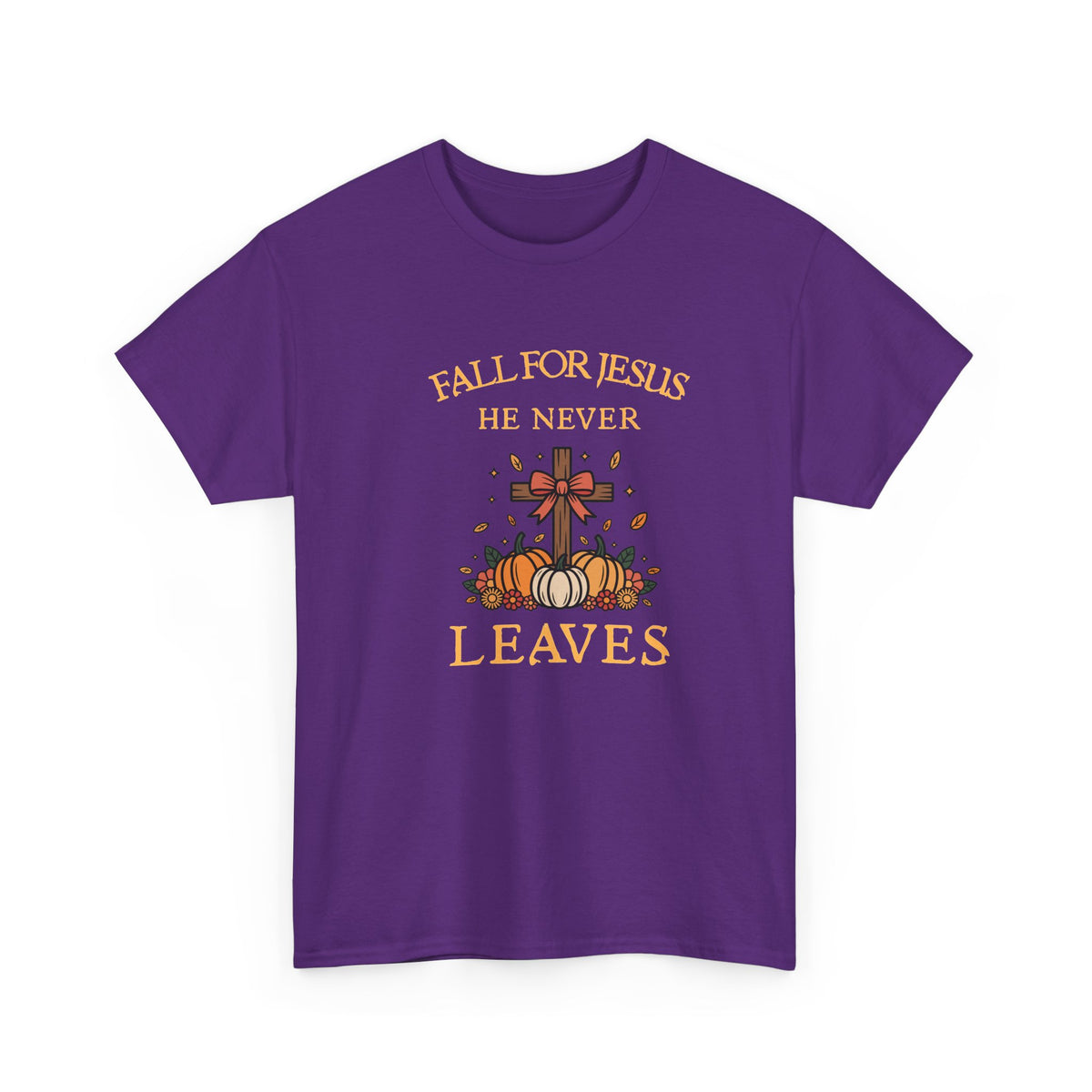 Christian Fall T-Shirt — “Fall For Jesus He Never Leaves” Pumpkin Cross Autumn Tee