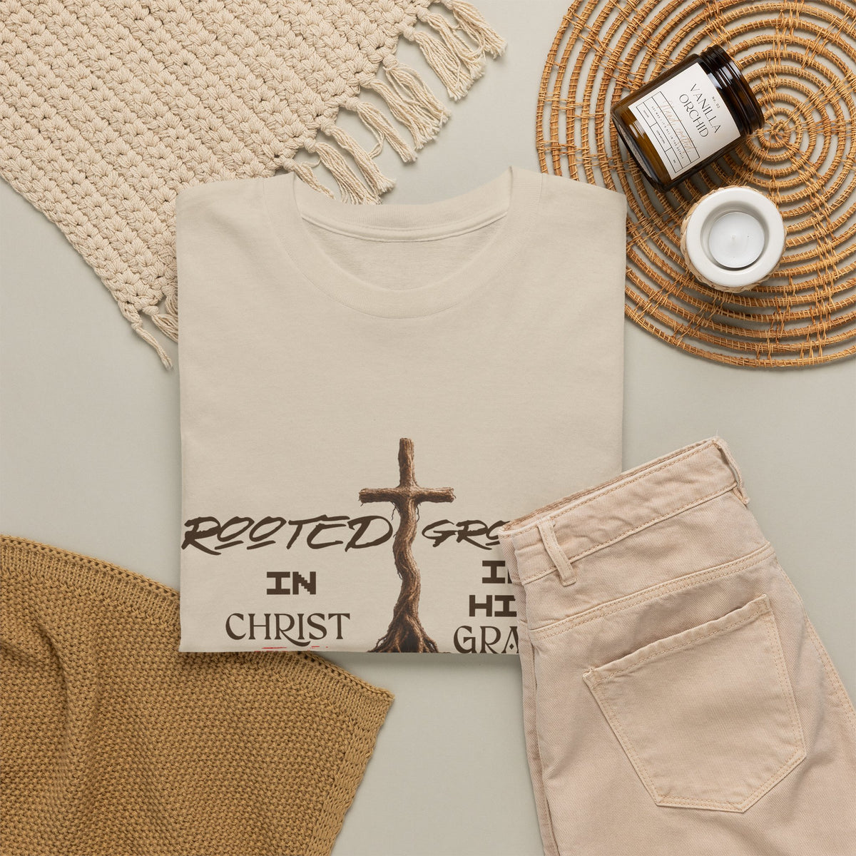 Christian Cross T-Shirt — 'Rooted & Growing in Christ, In His Grace' Faith Tee
